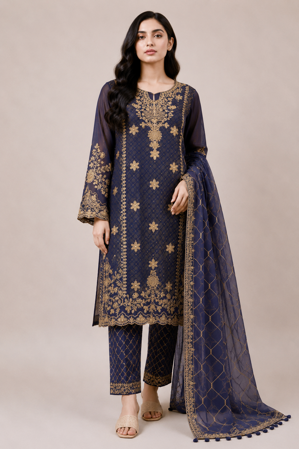 RowSilk 3pc Suit Shawl Dupatta Embroidery